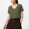 T-shirt da donna in cotone fiammato con scollo a V T-shirt da donna in cotone fiammato con scollo a V