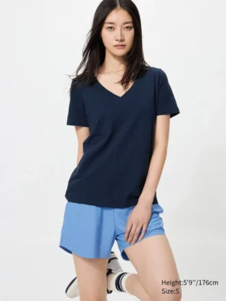 T-shirt da donna in cotone fiammato con scollo a V