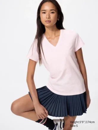 T-shirt da donna in cotone fiammato con scollo a V