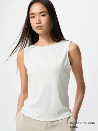 T-shirt senza maniche da donna in jersey crepe con scollo a barchetta