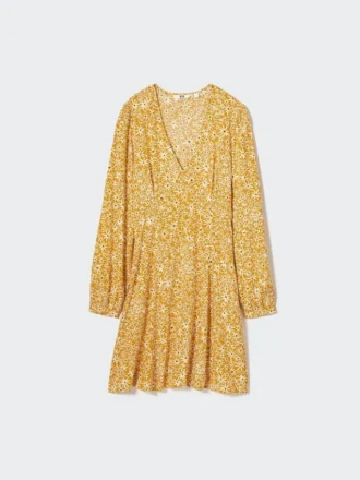 Vestito corto da donna con stampa, scollo a V e maniche a manica lunga