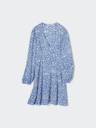 Vestito corto da donna con stampa, scollo a V e maniche a manica lunga