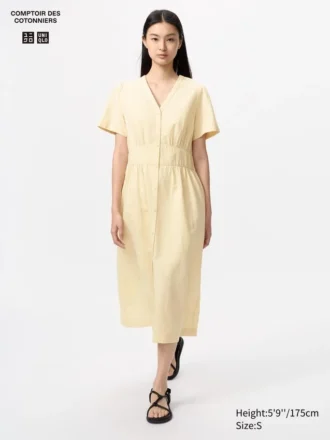 Vestito da donna in misto lino con scollo a V | Maniche a pantaloncini