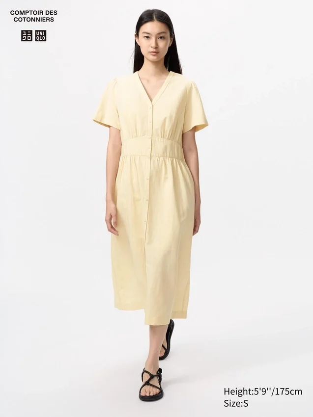 Vestito da donna in misto lino con scollo a V | Maniche a pantaloncini Vestito da donna in misto lino con scollo a V | Maniche a pantaloncini