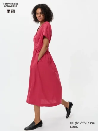 Vestito da donna in misto lino con scollo a V | Maniche a pantaloncini