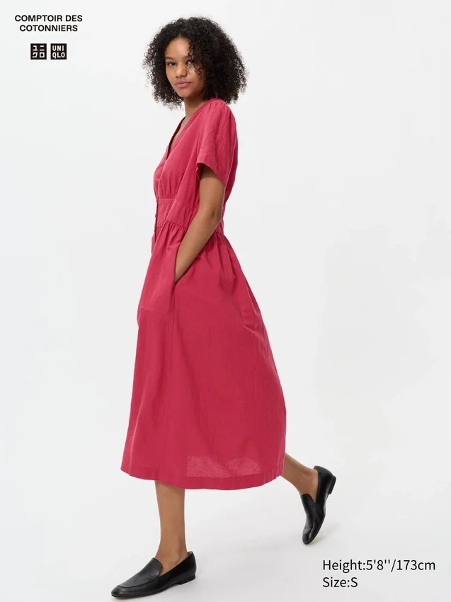 Vestito da donna in misto lino con scollo a V | Maniche a pantaloncini Vestito da donna in misto lino con scollo a V | Maniche a pantaloncini