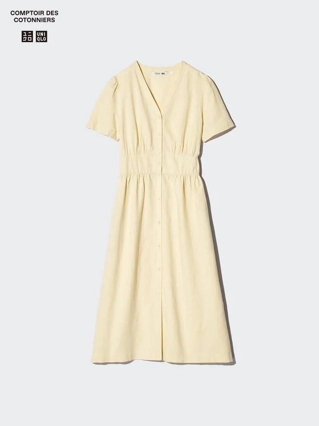 Vestito da donna in misto lino con scollo a V | Maniche a pantaloncini Vestito da donna in misto lino con scollo a V | Maniche a pantaloncini