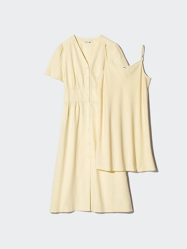 Vestito da donna in misto lino con scollo a V | Maniche a pantaloncini Vestito da donna in misto lino con scollo a V | Maniche a pantaloncini
